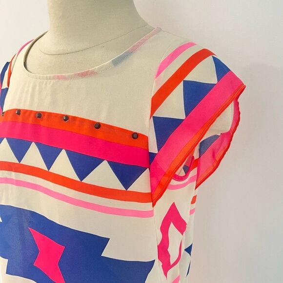 Francesca’s Birdcage Aztec Geometric Tribal Print Chiffon High Low Blouse Medium - Picture 3 of 7